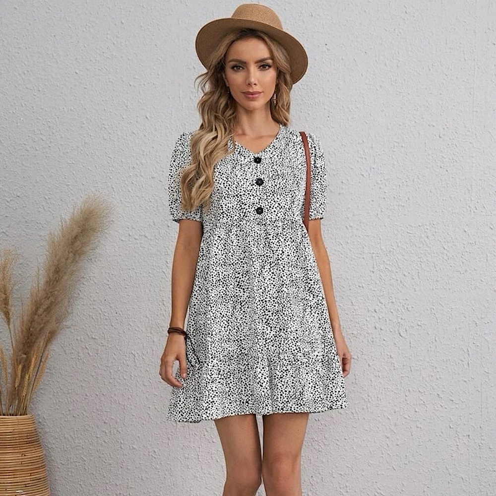 NEW Emery Rose Button Front Dalmatian Print Flounce Smock Dress Size Small
